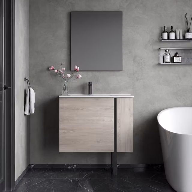 Banyetti Evora 800mm Wall Hung Vanity with Lira Offset Basin in Iron Oak and Light Grey – 1