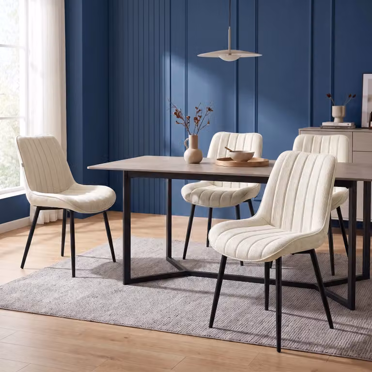 DHS Set of 4 Beige Vertical Striped Fabric Dining Chairs with Black Metal Frame