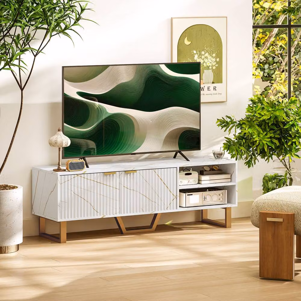 STILVORA Modern Abstract TV Stand in White and Gold with Metal Accents – 3