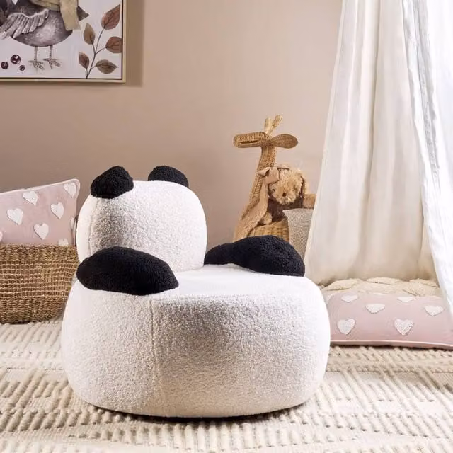 Wyld Haus Panda-Shaped Kids Armchair in White and Black Bouclé with Armrests and Solid Rubberwood Frame – 1