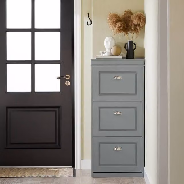 SoBuy Slim Grey Shoe Cabinet with Tilting Compartments and Internal Shelves