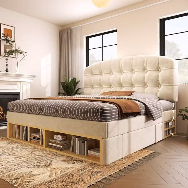 Rolipo Beige Velvet Upholstered 5ft King Size Bed with Storage Drawers, W/D/H: 180 x 200 cm
