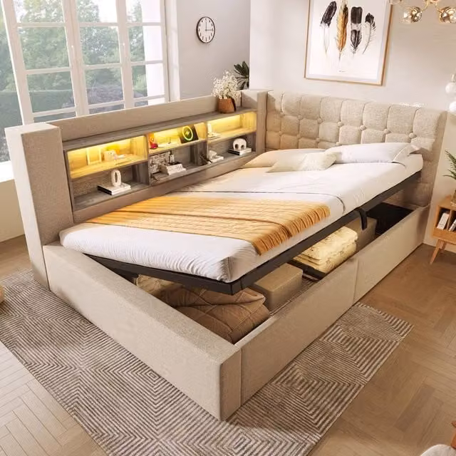 Merax Beige Double Ottoman Daybed with Reversible L-Shaped Headboard, USB Charging Port and Under-Bed Lighting, W/D/H: 140 x 200 x 135 cm – 1