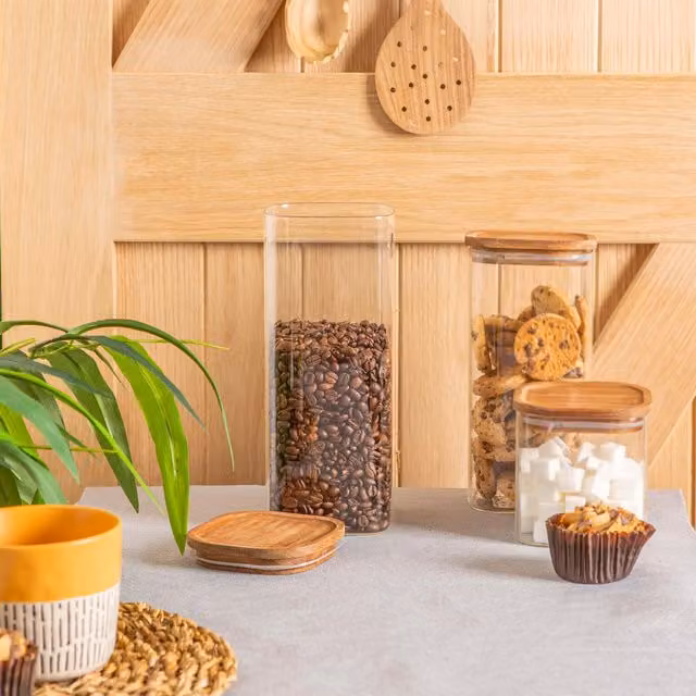 Argon Tableware Square Glass Storage Jar with Wooden Lid, Transparent/White, 1.9 l
