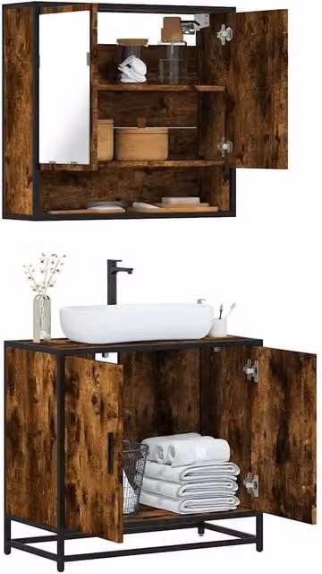 Berkfield Home 2 Piece Industrial Bathroom Furniture Set with Vanity Unit and Mirror Cabinet in Smoked Oak Brown