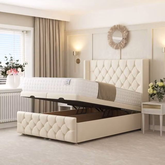 Bed Choices Deluxe Ottoman Upholstered Divan Bed with 137.16 cm Headboard in Beige, Size: 180 x 200 cm