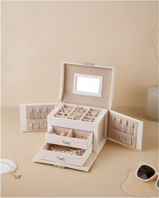 SONGMICS 3-Tier White Wooden Jewellery Box with Mirror