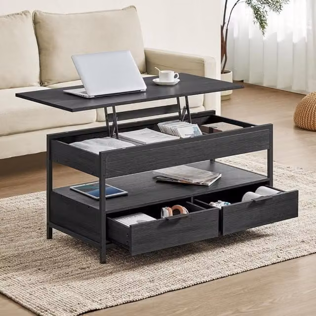 VASAGLE Lift Top Coffee Table with 2 Drawers, Charcoal Grey and Ink Black, W: 120 cm, D: 63 cm, H: 44 cm