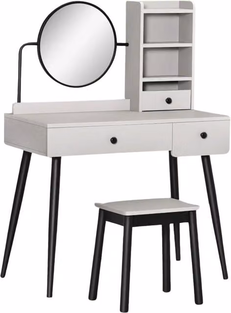 Pirlo Plush Modern Matt Grey and Black Wood Dressing Table with Mirror and Stool