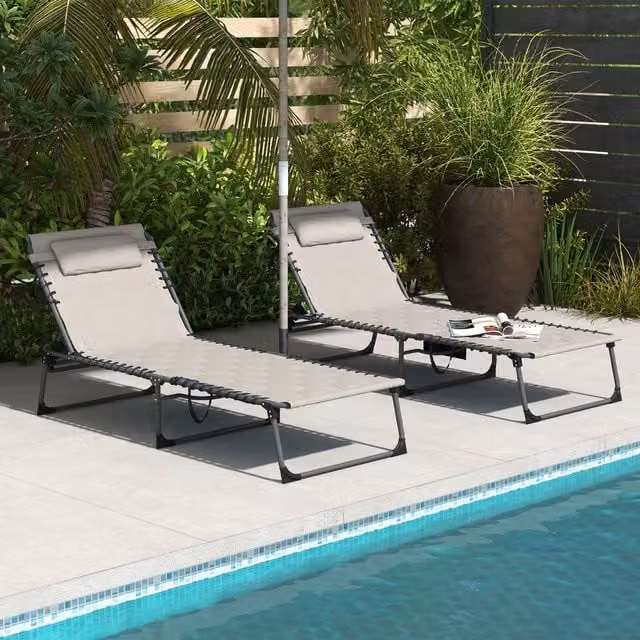 Outsunny 2 Piece Foldable Padded Sun Lounger Set in Khaki with Adjustable Headrests