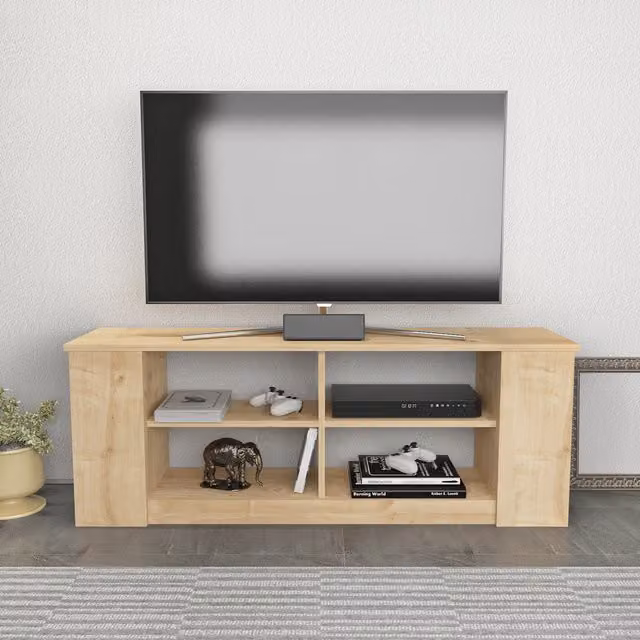 Decorotika Space Modern Geometric TV Unit in Oak Brown and Orange