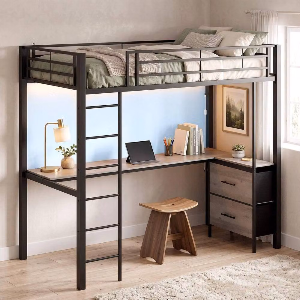 FORGEVIO Metal High Sleeper Bunk Bed with Desk and Drawers in Black – 3