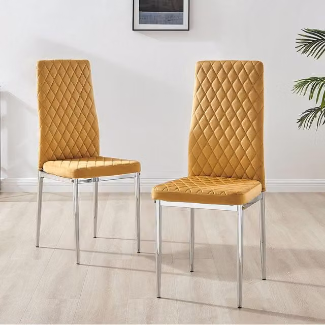 FurnitureboxUK Set of 4 Milan Velvet Dining Chairs in Mustard Yellow with Silver Metal Legs