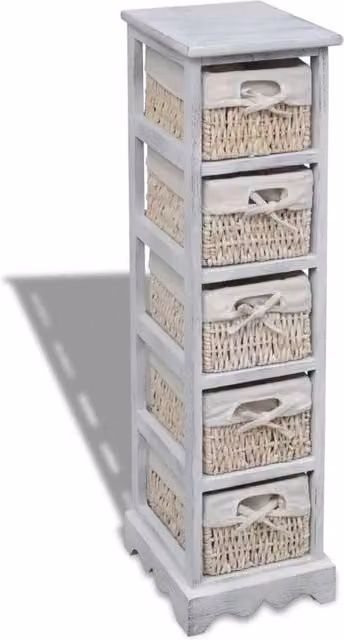 Berkfield Home White Wooden Wall Mounted Storage Rack with 5 Weaving Baskets