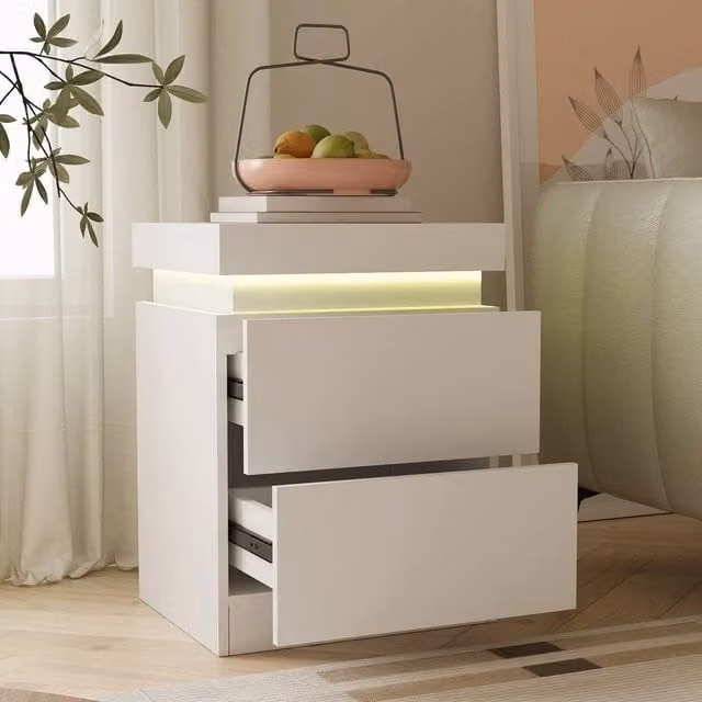 EONLION Set of 2 Modern White Bedside Tables with Integrated LED Lighting and 2 Drawers each, W: 100 cm – 1