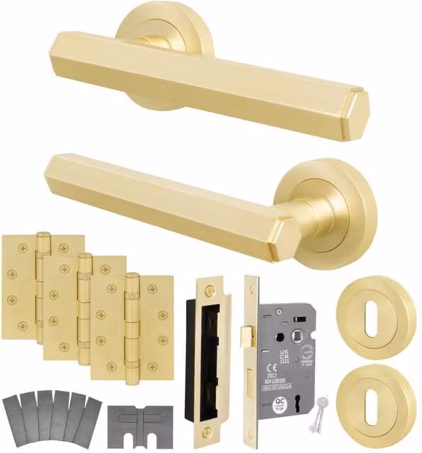 AFIT Satin Brass Fire Door Handle Key Lock Set with Gold Hinges and Screws, W/D/H: 15 x 15 cm