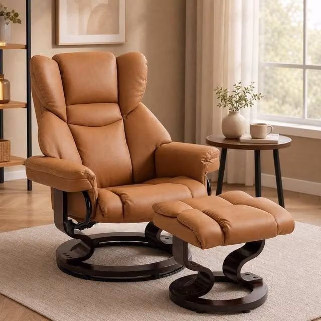 STILVORA Brown Faux Leather Recliner Armchair with Ottoman and 360 Degree Swivel Function – 1