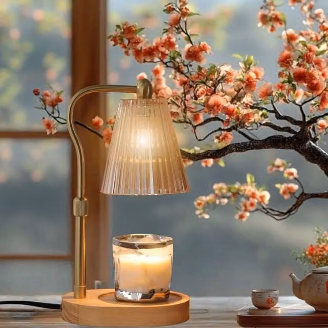 Kmok Dimmable Candle Warmer Lamp in Bronze with Wood and Metal Finish, Height Adjustable with Timer and Included Halogen Bulb