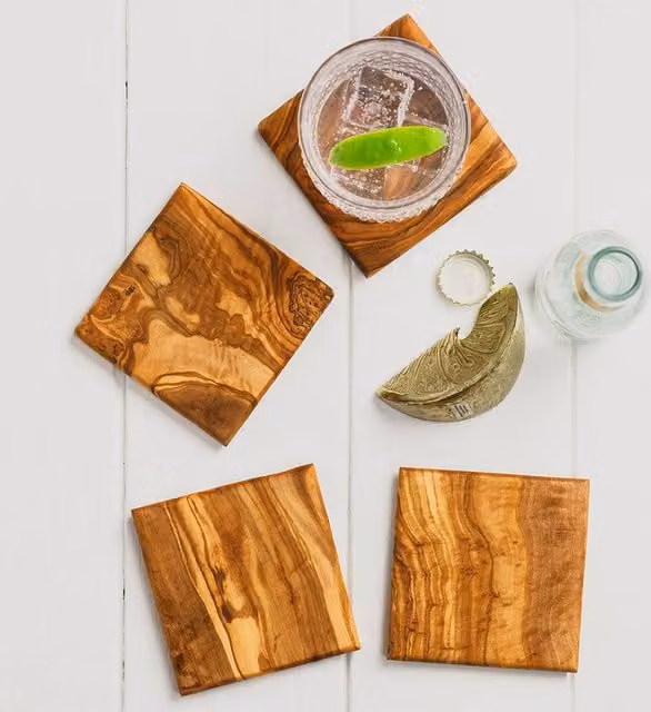 Selbrae House Set of 4 Square Solid Olive Wood Coasters in Natural Brown and Beige