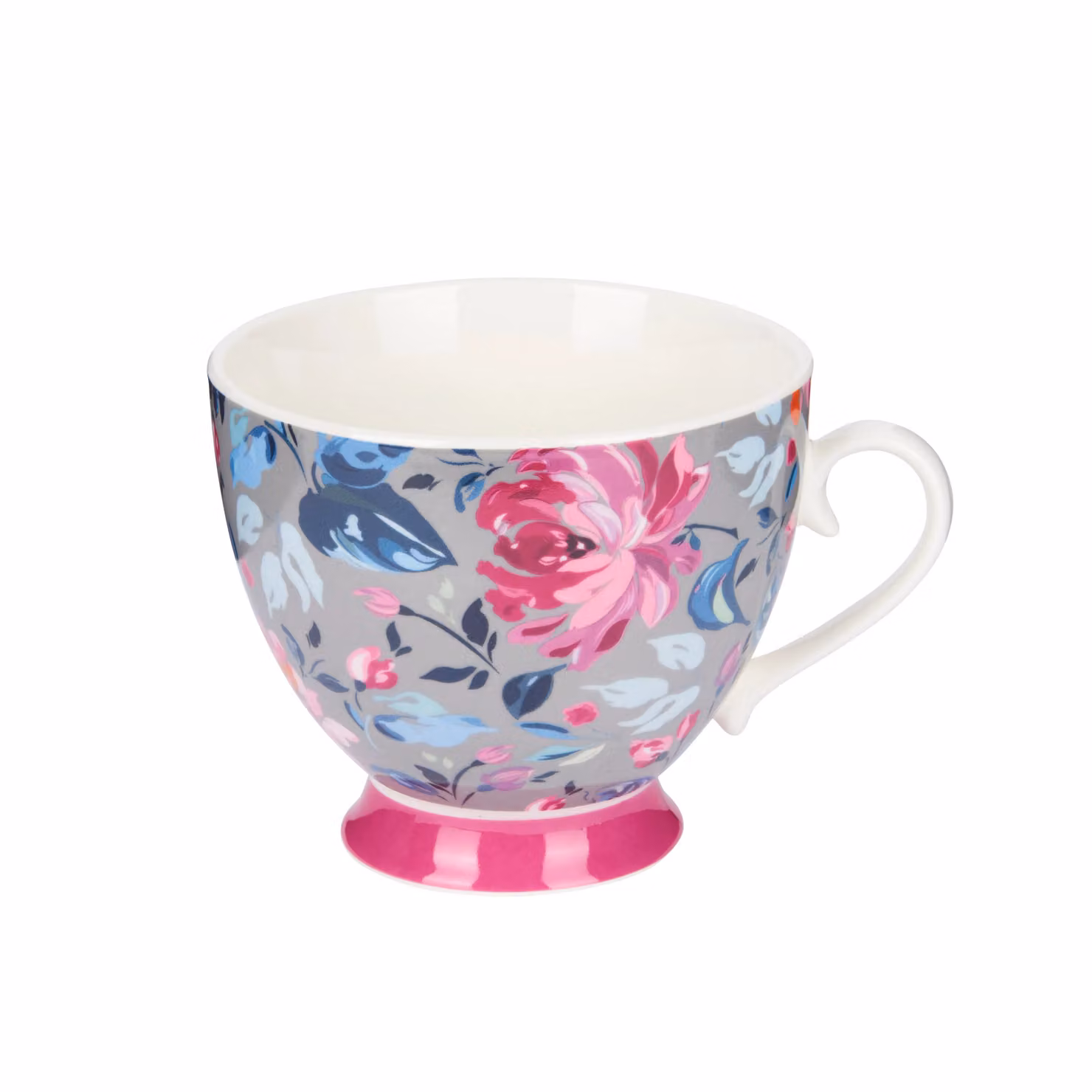 KitchenCraft Set of 4 Grey and Light Blue Floral Bone China Footed Mugs – 4