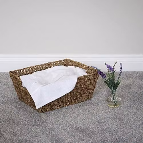 JVL Set of 2 Large Hand Woven Seagrass Rectangular Storage Baskets with Handles, Beige, H: 16 cm, W: 38 cm, D: 29 cm – 4
