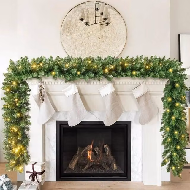 PAWNORA 9ft Green Christmas Garland with Warm White LED Lights