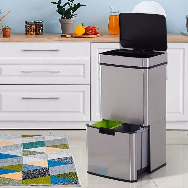 HOMCOM 72L Stainless Steel Motion Sensor Rubbish Bin with 3 Compartments in Silver – 1