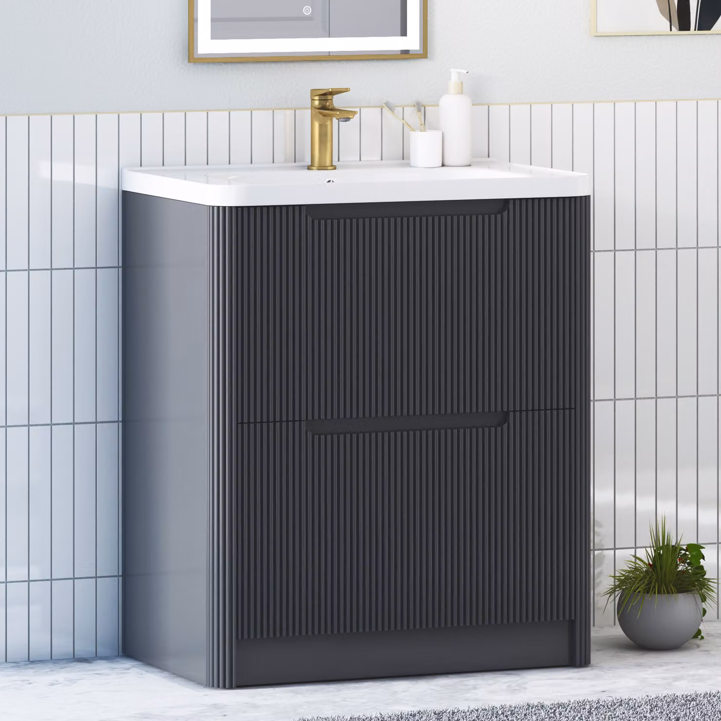 Royal Bathrooms Avenza 2 Drawer Floor Standing Vanity Unit with Ceramic Basin in Matt Obsidian Black