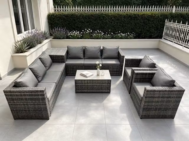 Fimous 8 Seater Rattan Garden Furniture Set in Dark Grey with 2 Coffee Tables and Upholstered Cushions – 1