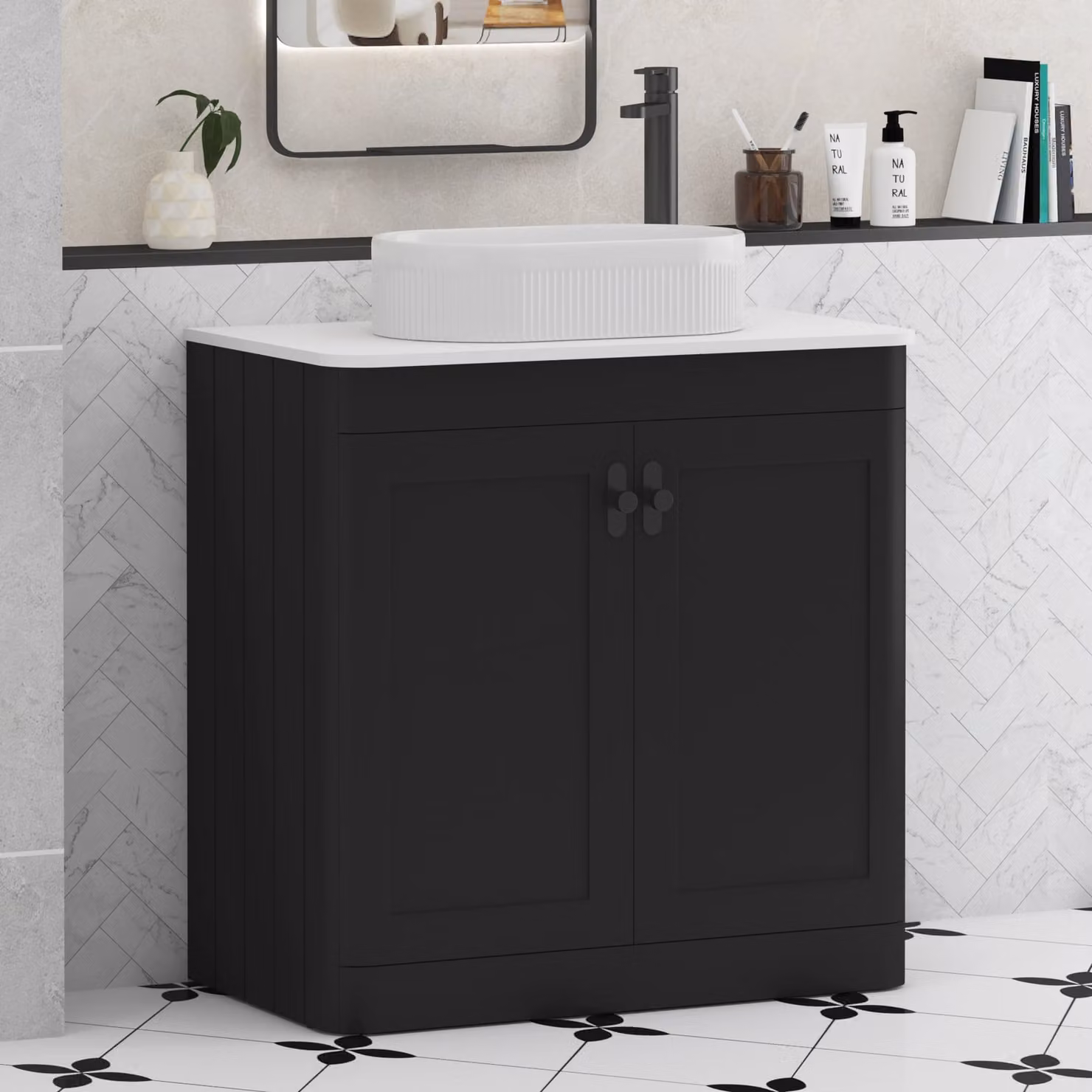 Royal Bathrooms Henley 800mm Matt Nocturne Black Floor Standing 2 Door Vanity Unit with Plain White Worktop, Lyon Basin and Matt Black Knob