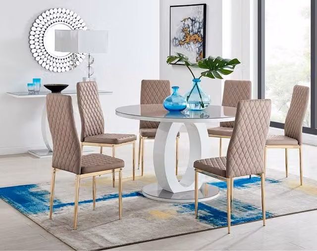 FurnitureboxUK Giovani Round Dining Set with 120cm Grey Glass Table and 4 Cappuccino Milan Chairs with Gold Legs