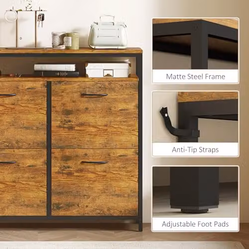 HOMCOM Industrial Shoe Cabinet with Tilting Compartments and Open Shelf, Brown and Black – 6