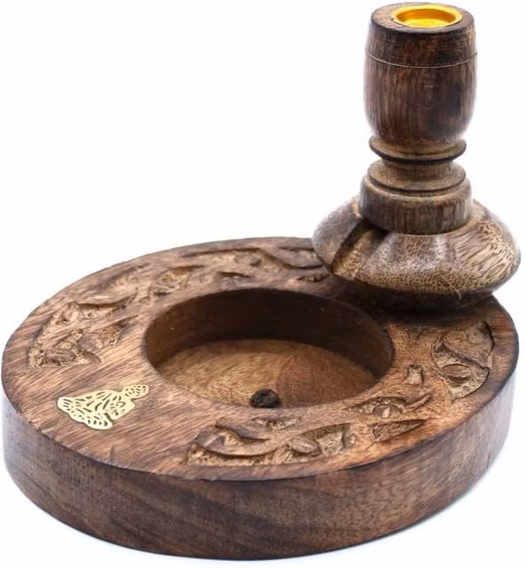 KDMD Mango Wood Backflow Incense Burner with Brass Buddha Decor in Brown – 1