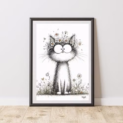 60 Second Makeover Quirky Cat with Daisies Floral Print Poster, Black and Multicolour, A4