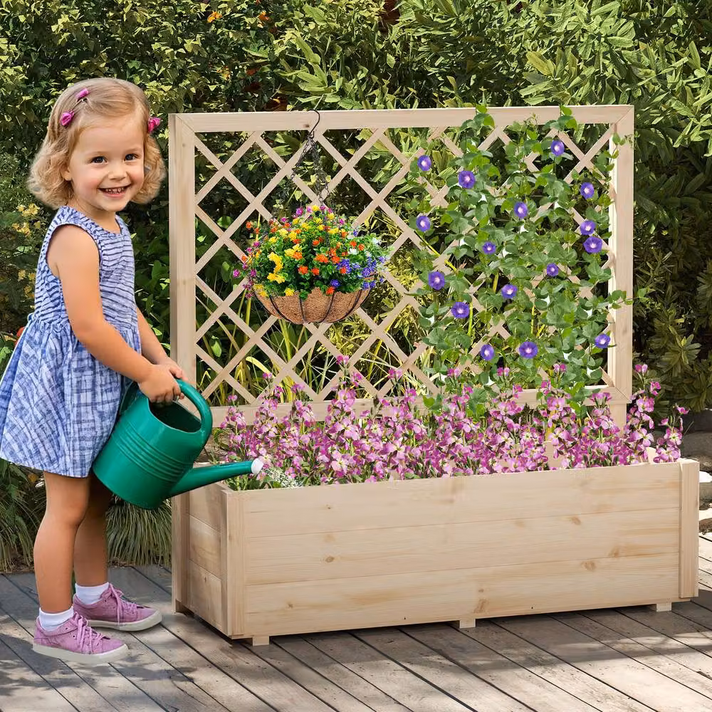 Costway Wooden Raised Garden Bed with Lattice Trellis for Vegetables and Climbers, Sand/Beige, W: 104 cm, D: 34 cm, H: 34 cm – 6