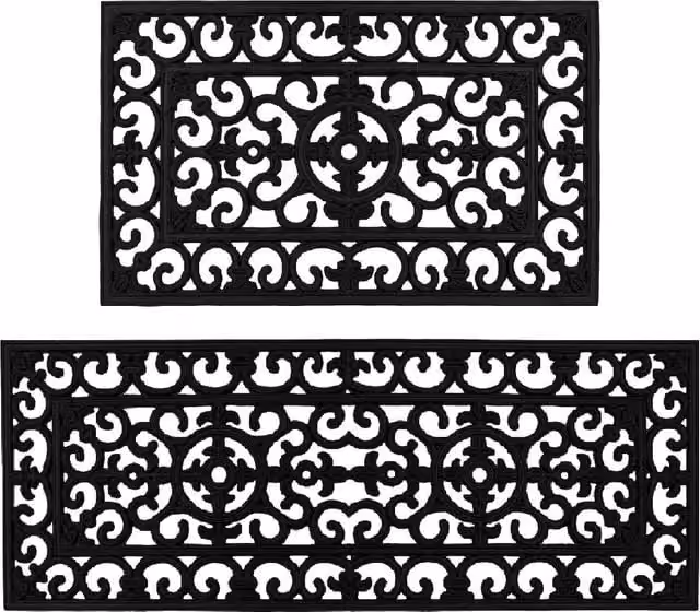 JVL Lexi Wrought Iron Effect Rubber Door Mat and Patio Mat Set in Black, W: 45 cm, L: 120 cm – 1