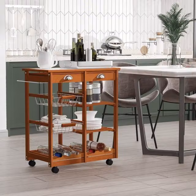 HOMCOM Modern Lacquered Pinewood Rolling Kitchen Trolley in Brown