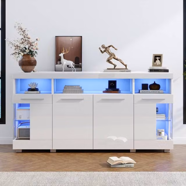 Matteo High Gloss White Sideboard with Integrated LED Lighting and Glass Shelves