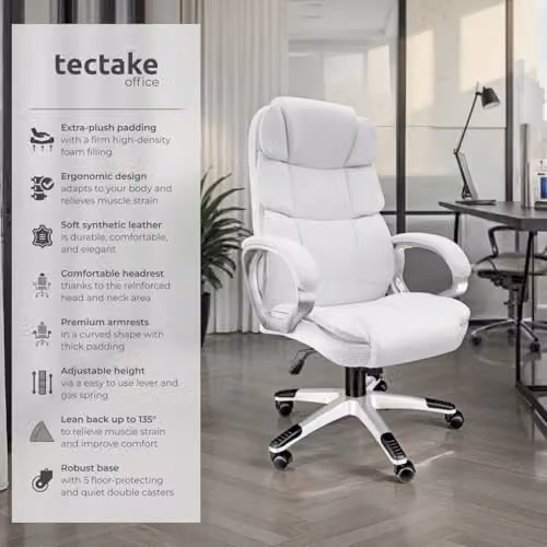 tectake Ergonomic Office Chair in White with Synthetic Leather Cover and Headrest – 3