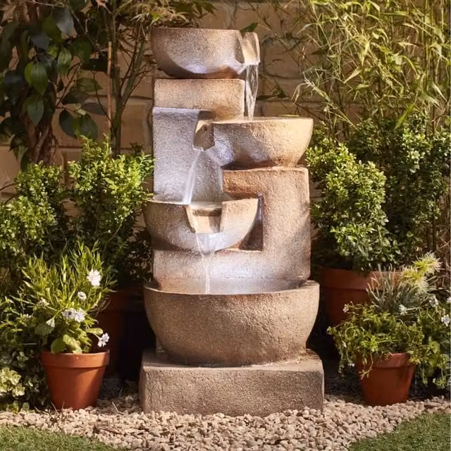 Serenity Stone Effect 4 Tier Cascade Laguna Water Feature with LED Lights in Beige
