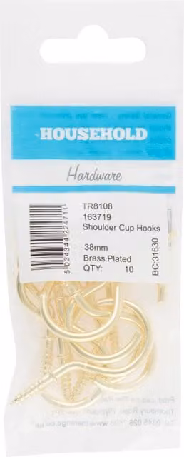 Hiatt Shouldered Cup Hooks in Brassed, 38mm