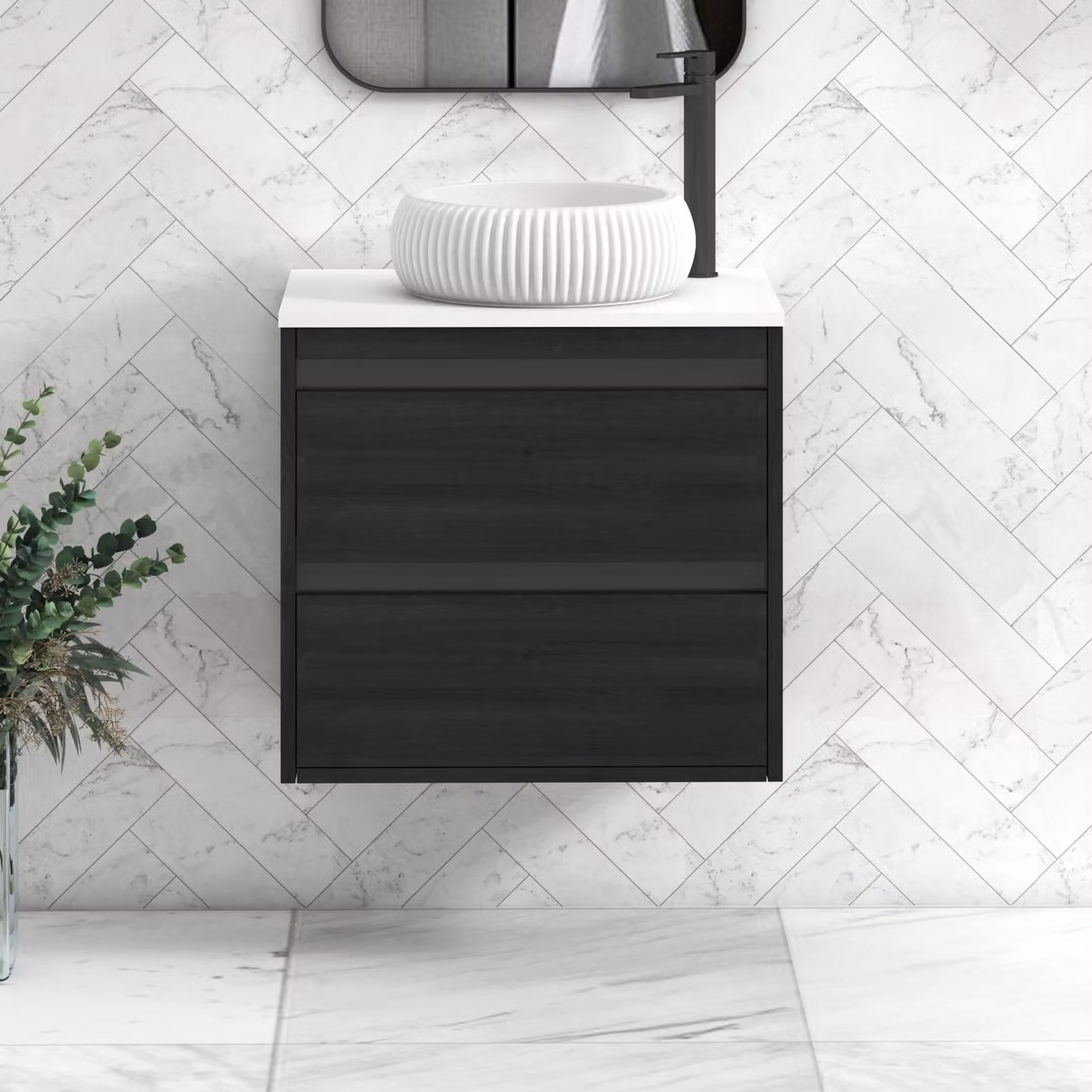 Royal Bathrooms Orion 600mm Hale Wall Hung Vanity Unit with Milan Basin in White and Black Accent Trim