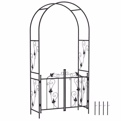 Outsunny Metal Garden Arch with Gate and Trellis, Black, H 217 x W 107 x D 45 cm – 1