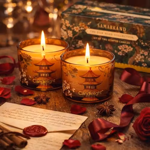 Candlelight The Silk Road Collection Samarkand Moroccan Spice Candle Duo Gift Set in Amber and Dusty Pink – 2