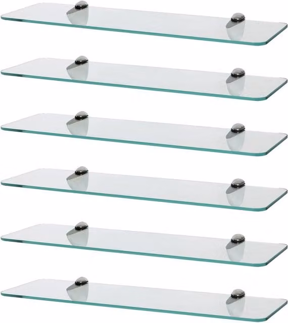 Harbour Housewares Set of 6 Rounded Floating Glass Shelves in Transparent with Chrome Finish, Width: 50 cm