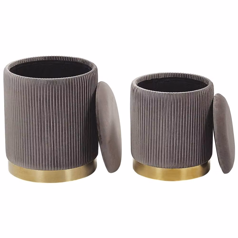 Wyld and Coco Set of 2 Grey Velvet Cylindrical Storage Pouffes with Gold Metal Base – 3