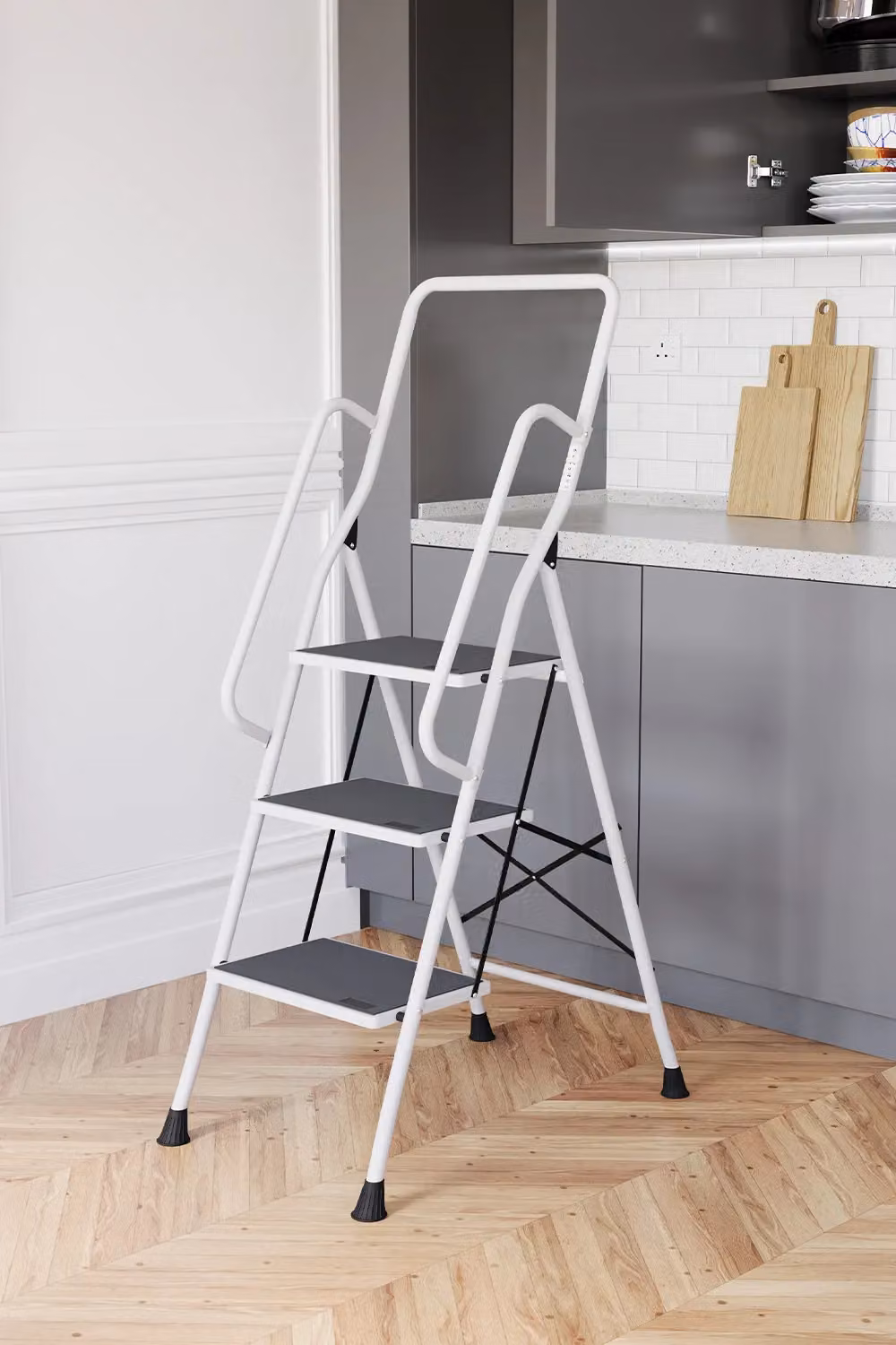 Home Discount Vida 3 Step Folding Ladder with Handrail and Anti-Slip Mat in White – 3