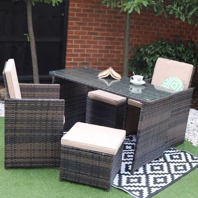 Eton 4 Seater Rattan Garden Cube Armchair and Bar Dining Table Set in Mixed Brown