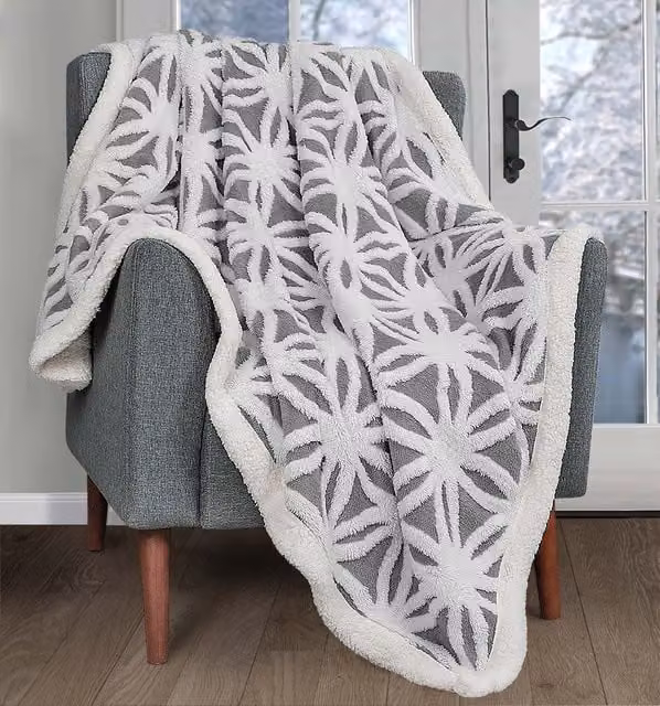 Velosso Sherpa Backed Thermal Soft Jacquard Throw Blanket in Grey, W: 125 cm, D: 150 cm