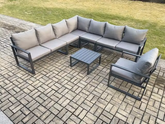 Fimous Modern L-Shape Outdoor Garden Furniture Set with Powder Coated Aluminium Corner Sofa, Upholstered Cushions and Square Coffee Table in Dark Grey